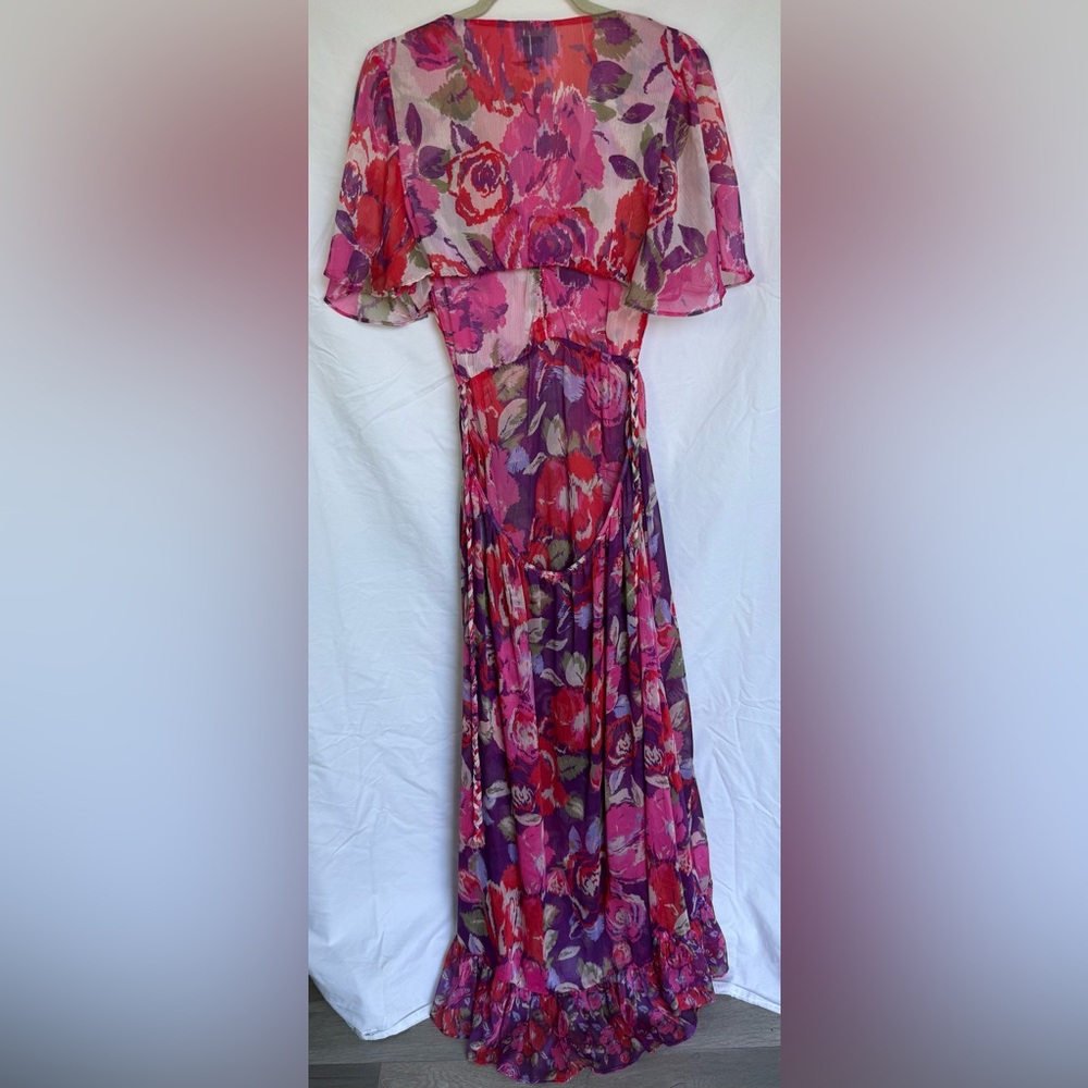 MISA Los Angeles Floral Chiffon Midi Dress Boho Pink Purple Button Front L - Picture 5 of 10